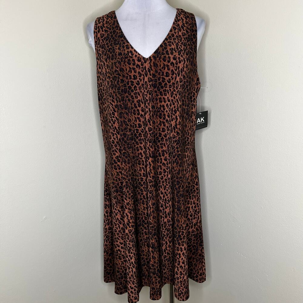 Anne Klein Shift Dress 14 Womens Leopard Animal Print Jersey V-Neck Brown Mini